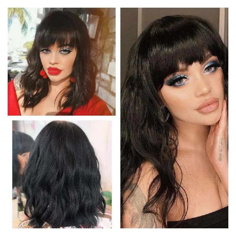 Medium - length wig with a curly fringe for a playful and youthful vibeZuria Medium Wavy Synthetic Wig With Bangs